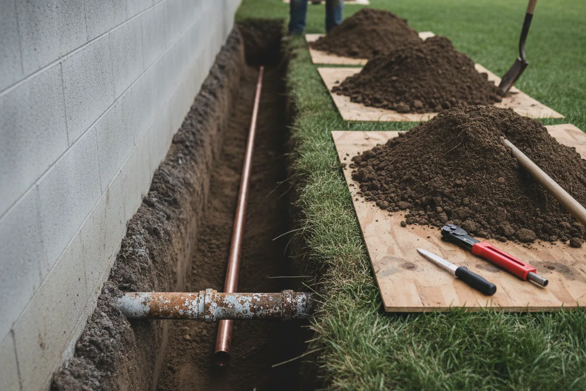 Excavated water line trench during Sewer Line Repair in Moro